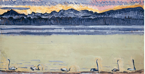 白鳥のいるレマン湖とモンブラン